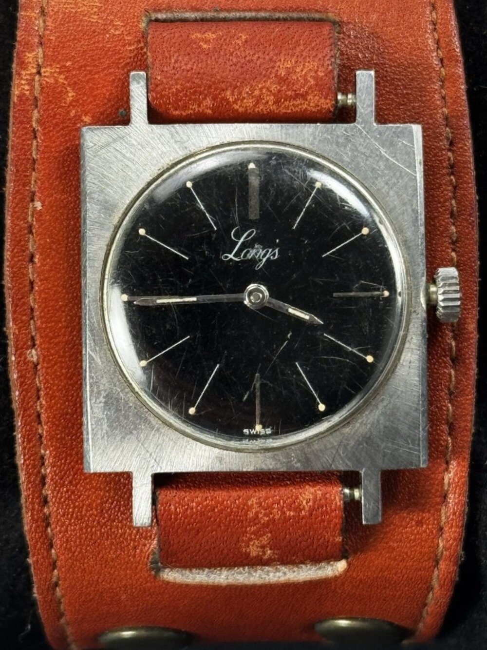 Longs Swiss Watch 1970s Red Leather Studded Cuff Bracelet Mod Mens